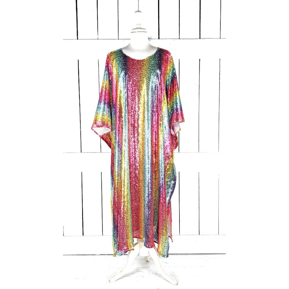 Rainbow striped colorful sequins kimono caftan tunic cover up dress